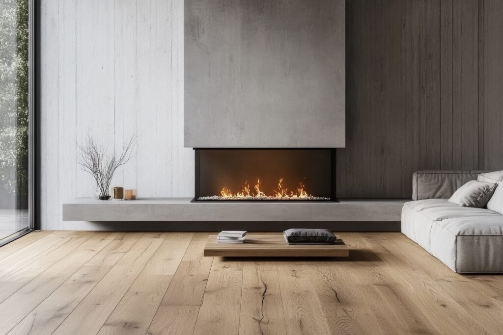Luxury laminate flooring in a open space living room with a fire place by Sterling Flooring in Anaheim, CA